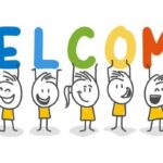 Stick figures holding up the word Welcome each figure holding a different letter in a different colour