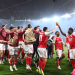 The Arsenal team celebrate at the emirates