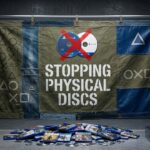A Playstation designed sheet with a red cross over 2 discs and it says Stopping Physical Discs